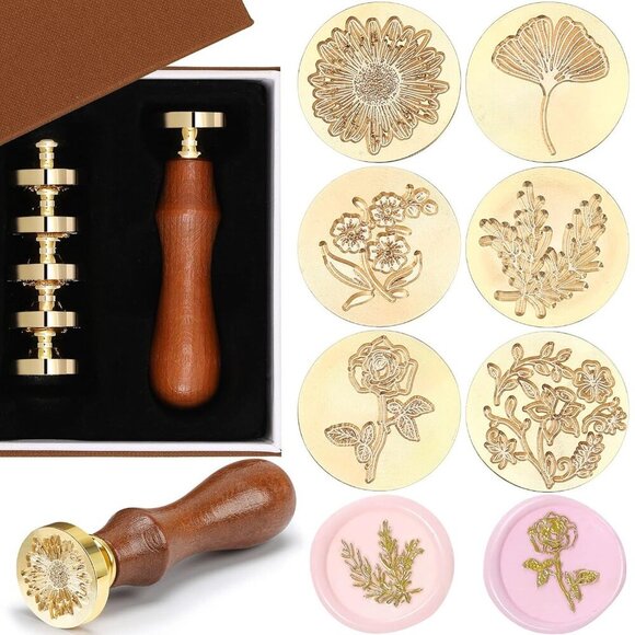 Wax Seal Stamp Gift Box Set 6 Sealing Stamp Heads 1 Wooden Hilt Floral Elegant B - Picture 7 of 10
